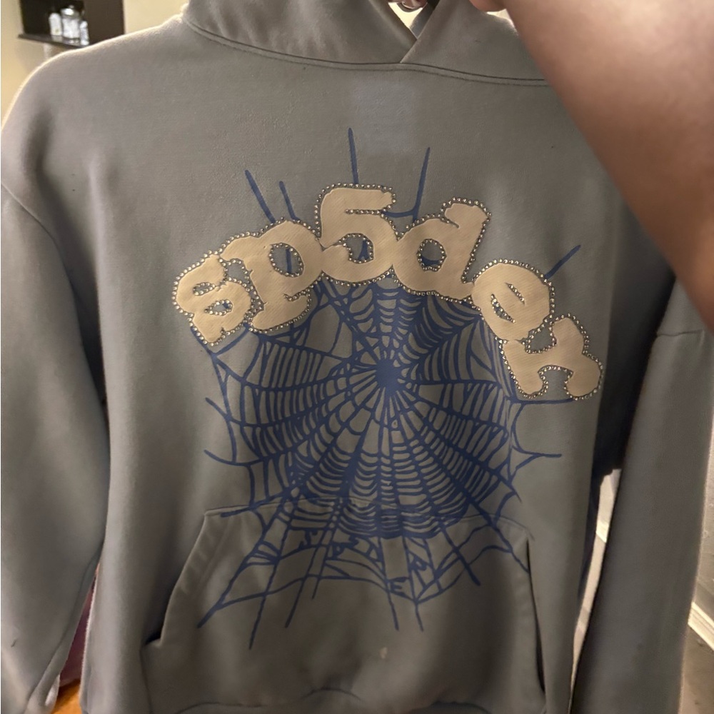 Spider Gray Hoodie with Blue Web Design